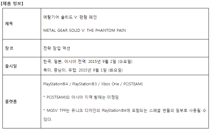 메탈기어 솔리드 V: 더 팬텀 페인, 발매일 확정! 오는 9월, 대망의 메탈기어 시리즈 최신작을 전세계 동시 발매 - 예판/특판 정보